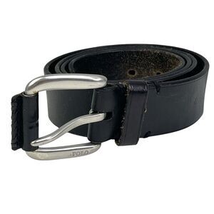 Polo Ralph Lauren Leather Belt Men Black Silver Brass Buckle Designer Preppy 43”